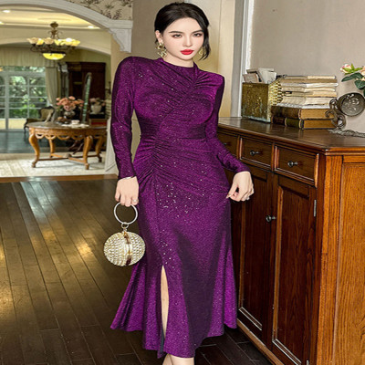 فستان سهرة طويل لامع للنساء ، طيات صلبة عتيقة ، رد...