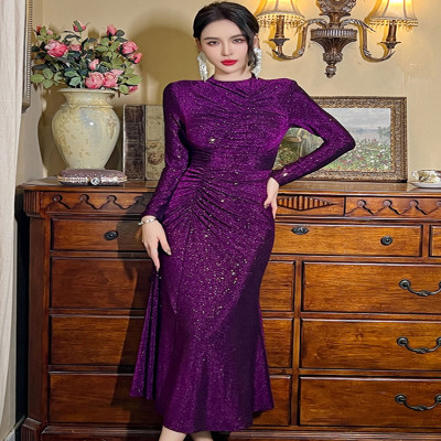 فستان سهرة طويل لامع للنساء ، طيات صلبة عتيقة ، رد...