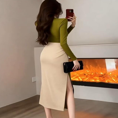 موضة عالية الرقبة شق Bodycon ميدي فستان طويل الأكم...