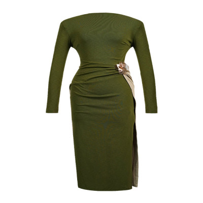 موضة عالية الرقبة شق Bodycon ميدي فستان طويل الأكم...