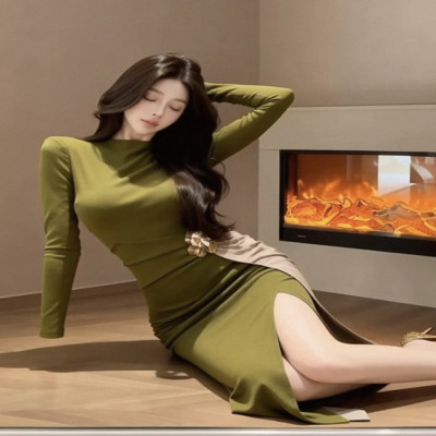 موضة عالية الرقبة شق Bodycon ميدي فستان طويل الأكم...