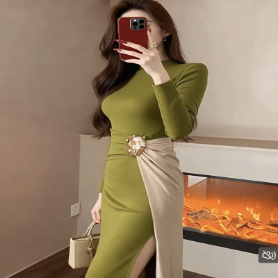 موضة عالية الرقبة شق Bodycon ميدي فستان طويل الأكم...