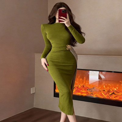 موضة عالية الرقبة شق Bodycon ميدي فستان طويل الأكم...