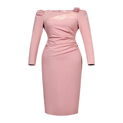 فستان نسائي أنيق برقبة دائرية من الدانتيل الوردي م...