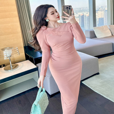 فستان نسائي أنيق برقبة دائرية من الدانتيل الوردي م...