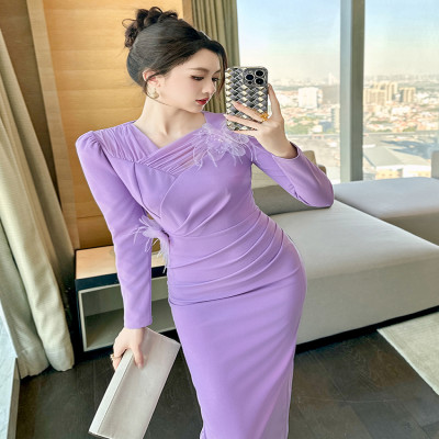 فستان سهرة نسائي أنيق بمزاج نحيف أرجواني مطوي ثلاث...