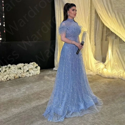 Customized Sparkling Baby Blue Evening Dresses Mid...