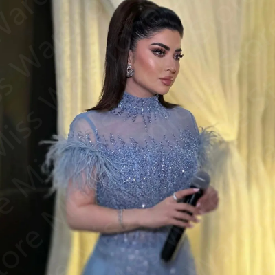 Customized Sparkling Baby Blue Evening Dresses Mid...