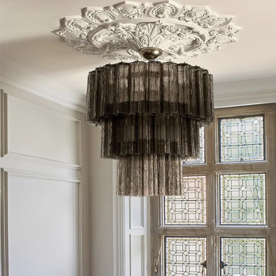 Vintage Smokey Gray Flower Glass Chandelier Stairc...
