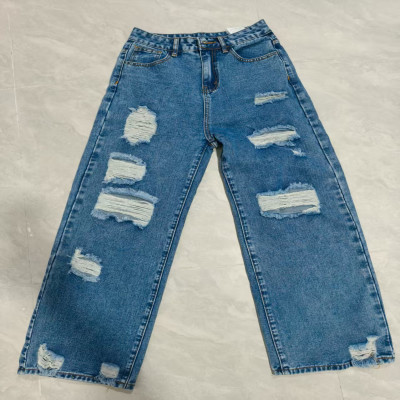 جينز بفتحات للنساء سروال مستقيم ممزق منتصف الخصر ج...