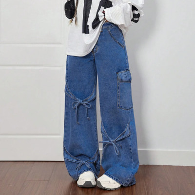 جينز كاجوال مستقيم الساق واسع الساق للنساء تصميم ن...