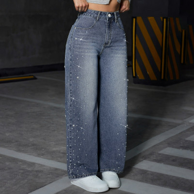 النساء الدنيم السراويل الماس تقسم واسعة الساق بانت...