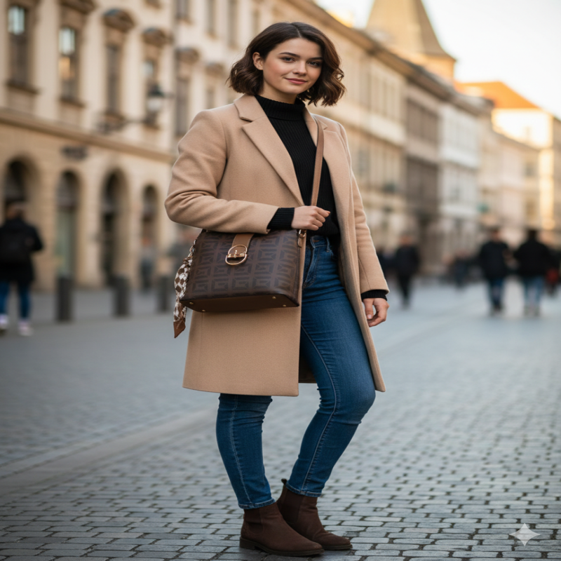 شنطة انيقة بنقشة مربعات هندسية باللون البني الداكن