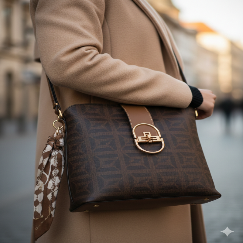 شنطة انيقة بنقشة مربعات هندسية باللون البني الداكن