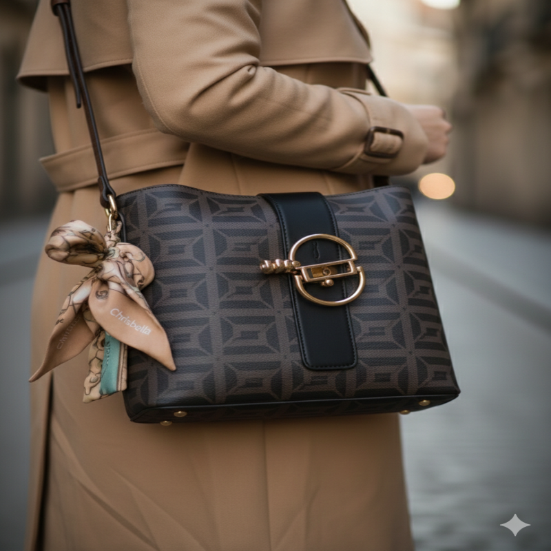 شنطة انيقة تأتي مزينة بوشاح حريري جانبي بنقشة كارو...