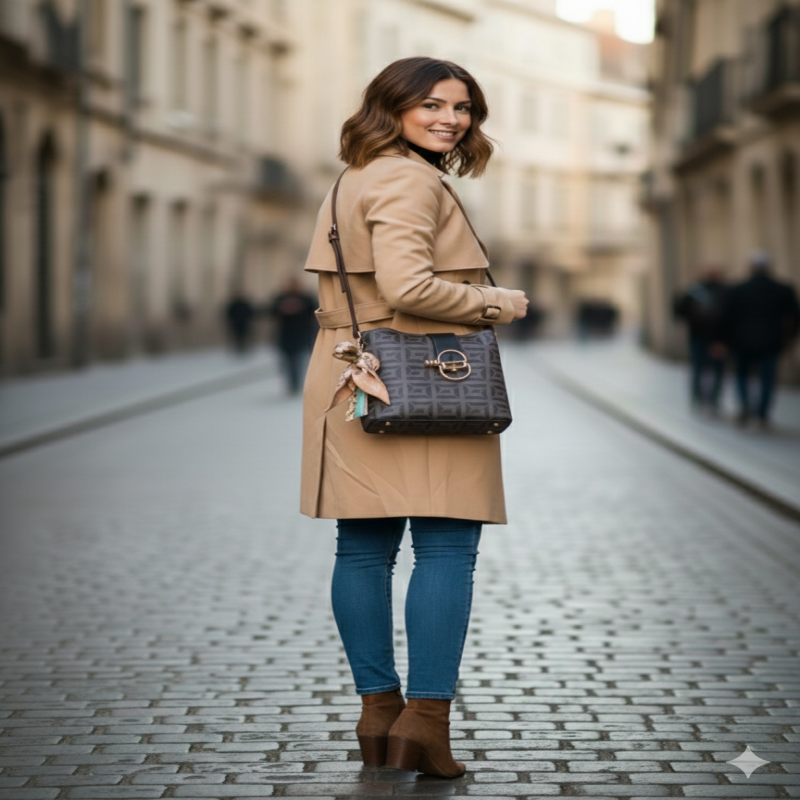 شنطة انيقة تأتي مزينة بوشاح حريري جانبي بنقشة كارو...