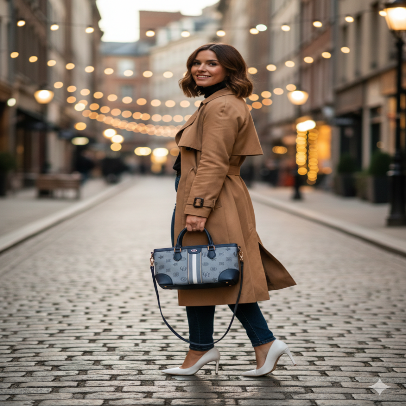 شنطة انيقة بنقوش متكررة تغطي الهيكل بالكامل، مما ي...