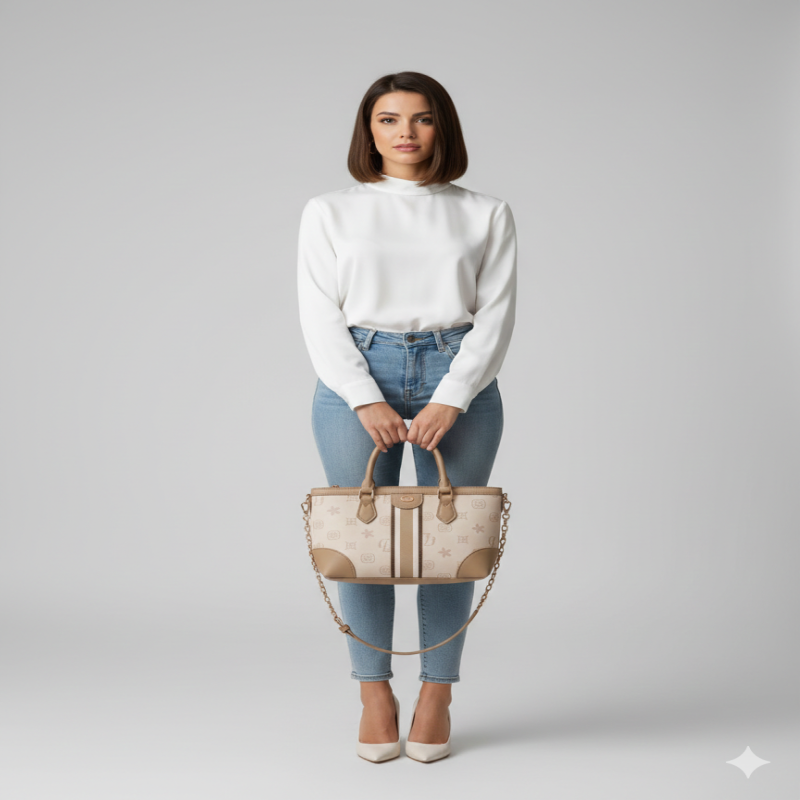 شنطة انيقة بنقوش متكررة تغطي الهيكل بالكامل، مما ي...