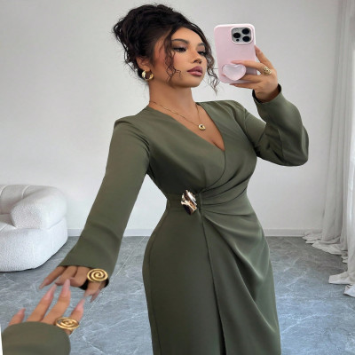 فستان ماكسي نسائي أنيق ملفوف برقبة على شكل V وخصر...