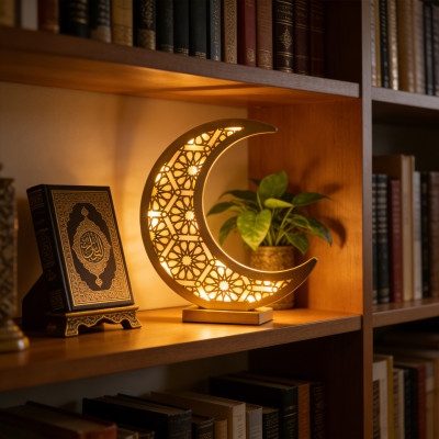 مصباح قمر خشبي بإضاءة LED - إضاءة ليلية على شكل هل...