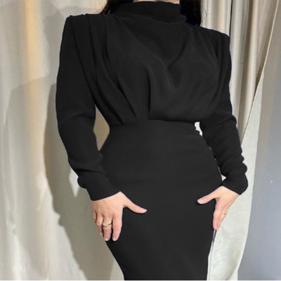 فستان نسائي برقبة دائرية وأكمام طويلة وخصر عالي بل...