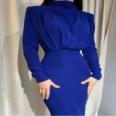 فستان نسائي برقبة دائرية وأكمام طويلة وخصر عالي بل...