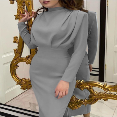 فستان نسائي برقبة دائرية وأكمام طويلة وخصر عالي بل...