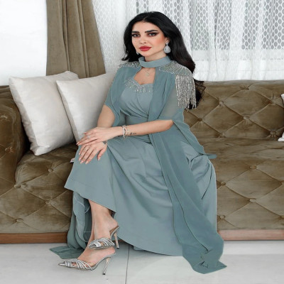 فستان حفلات إسلامي مع عباءة للنساء ، فستان قفطان ط...