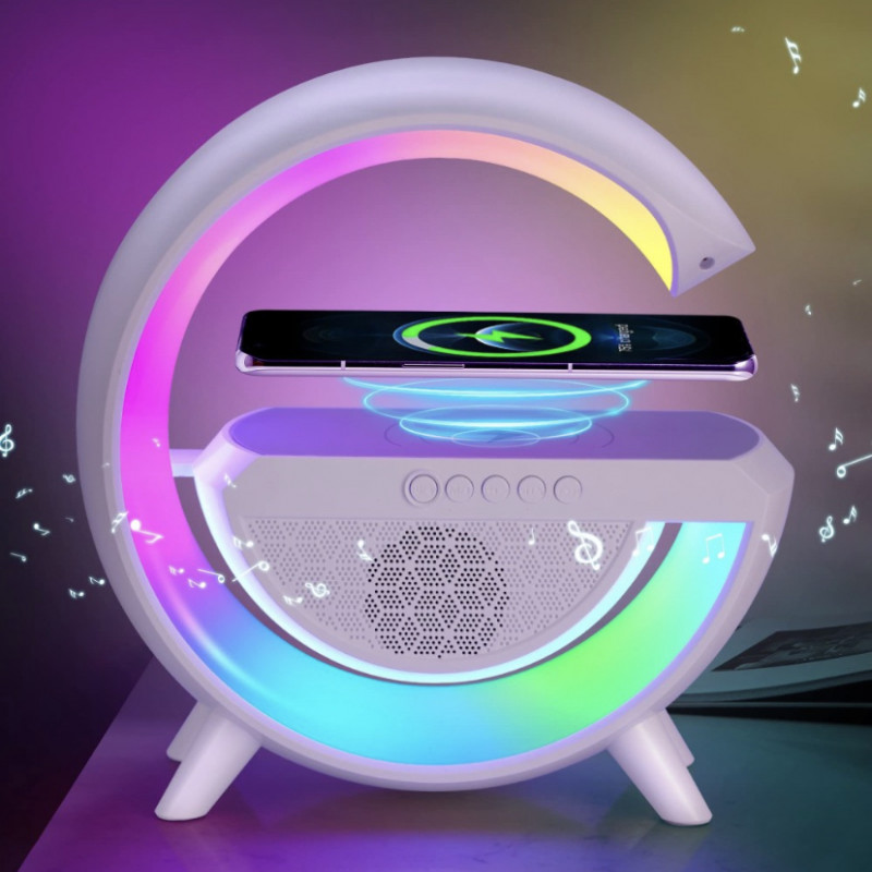 منصة شحن لاسلكي 3 في 1 مزودة بسماعة سبيكر واضاءة LED متعددة الالوان تعمل بالبلوتوث