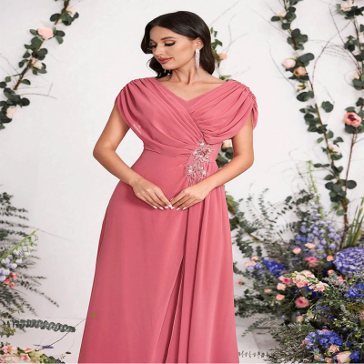 فستان سهرة نسائي شيفون باللون الوردي بتصميم أنيق