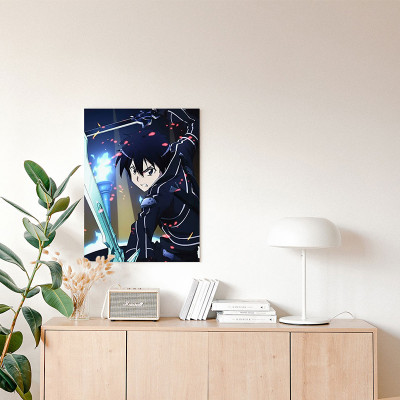 لوحة كانفاس على إطار خشبي بتصميم كيريتو أنمي سورد...