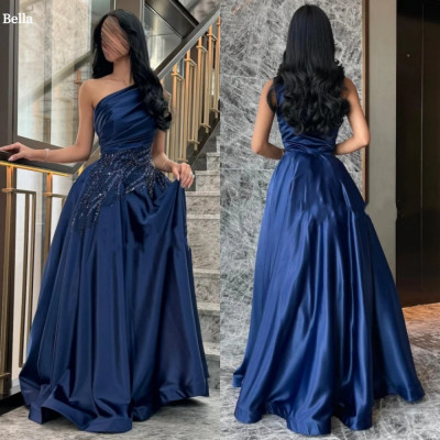 Bella Customized Blue Slanted Shoulders Sequins ro...