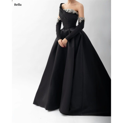 Bella Black Satin Beaded Robes De Soirée One Shoul...