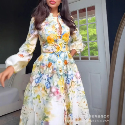 فستان نسائي ميدي منقوش وكأنه لوحة تنبض بالحياة بتص...