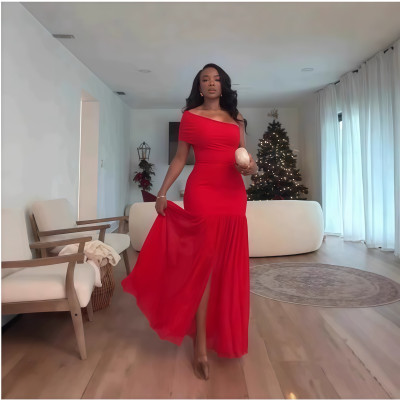 فستان طويل للنساء فساتين بكتف واحد وياقة منحرفة مل...