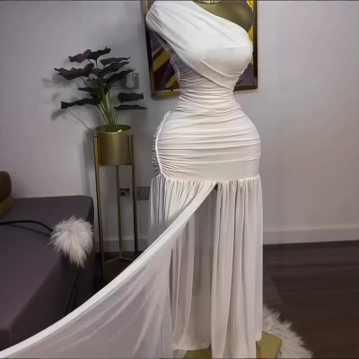 فستان طويل للنساء فساتين بكتف واحد وياقة منحرفة مل...