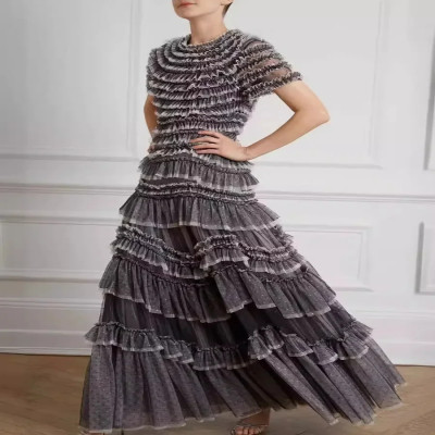 فستان نسائي طويل من شبكة البولكا المنقطة بكشكشة ،...