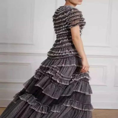 فستان نسائي طويل من شبكة البولكا المنقطة بكشكشة ،...