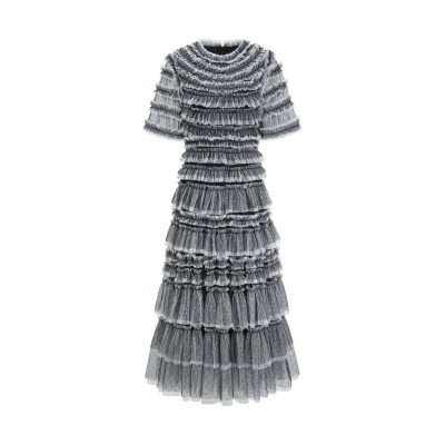 فستان نسائي طويل من شبكة البولكا المنقطة بكشكشة ،...