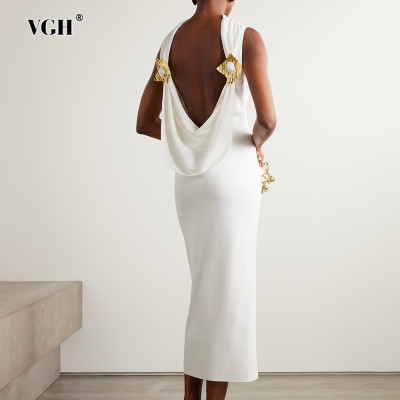 VGH ثوب مسائي فاخر للنساء رقبة دائرية بدون أكمام ع...