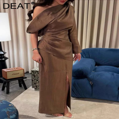 DEAT فستان أنيق بياقة قطرية مطوي فتحة عالية غير مت...