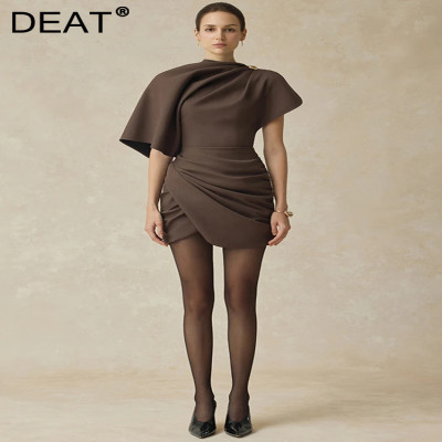 DEAT فستان أنيق غير منتظم مطوي زر سليم الورك الاعو...