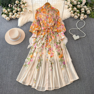 فستان نسائي شيفون مطبوع بطراز فرنسي أنيق