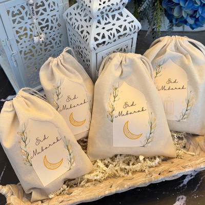 5 قطعة عيد مبارك القطن الرباط شنطة هدايا رمضان إفطار عيد الأضحى عطلة إسلامية علاج الحلوى المال لصالح ديكور الحفلات هدية