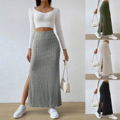 Summer Sexy Ribbed Long Skirts Women Solid High Wa...