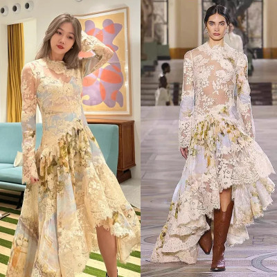 فستان فاخر بأكمام طويلة ورقبة دائرية مع تطريز من ا...