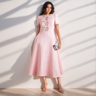 فستان بفيونكة مرقع للنساء ، فساتين أنيقة ، رقبة مس...