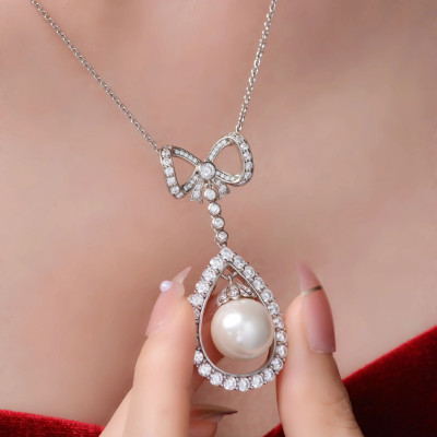 أنيقة 14 مللي متر اللؤلؤ قلادة قلادة S925 الفضة ال...