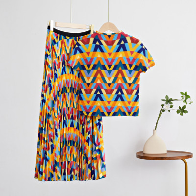 قميص نسائي مطبوع بقصة ضيقة مجعدة مياكي ، نصف تنورة...