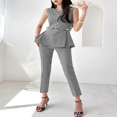 Korea 2 piece elegant women's printed set new fashion vintage office work normal slim ruffle top with belt pencil pants